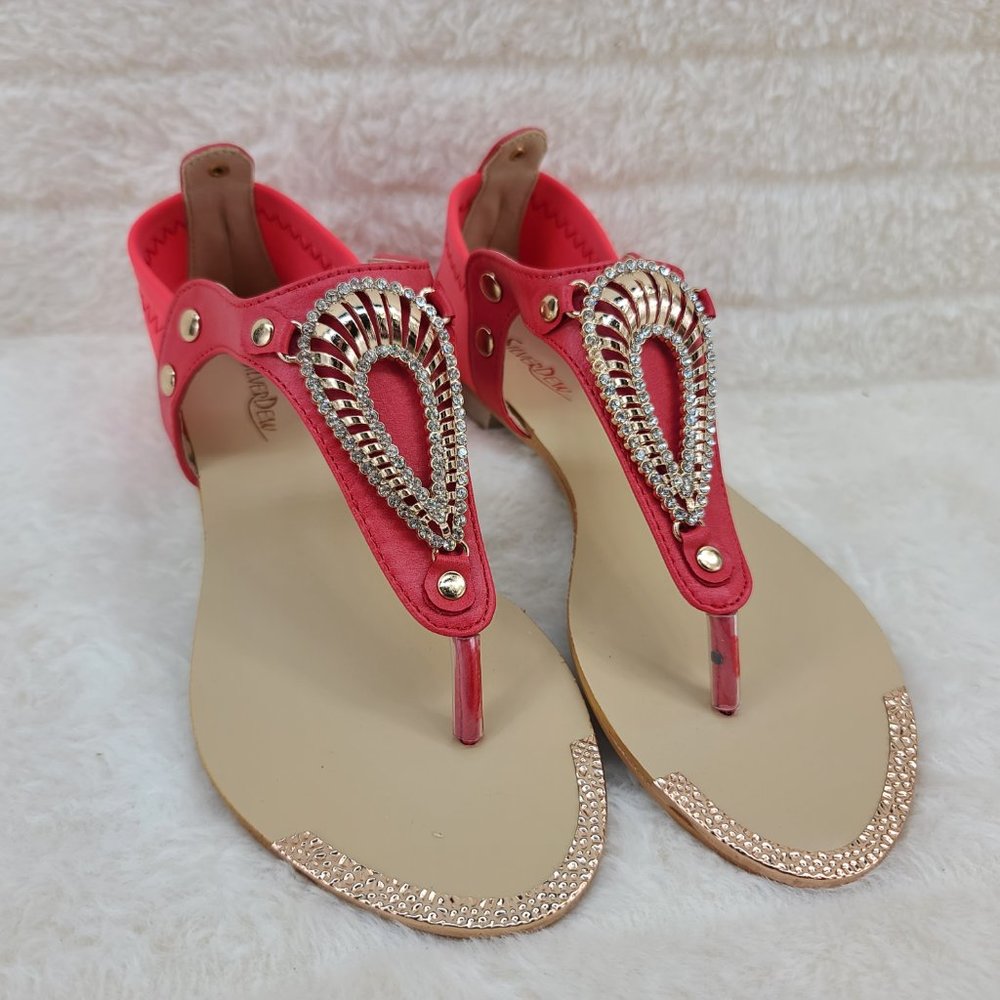 Red Summer Sandals With Rhinestone Toe Strap
